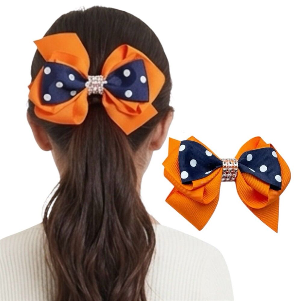 Hair Bow Clip Hairpin For Girls Or Women Orange And Blue Polka Dots 4x5 Inch